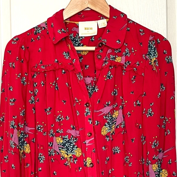 Anthropologie Maeve Fredericka Bird Floral Top Red Sz 0 Cottagecore Grandmacore - Picture 5 of 13
